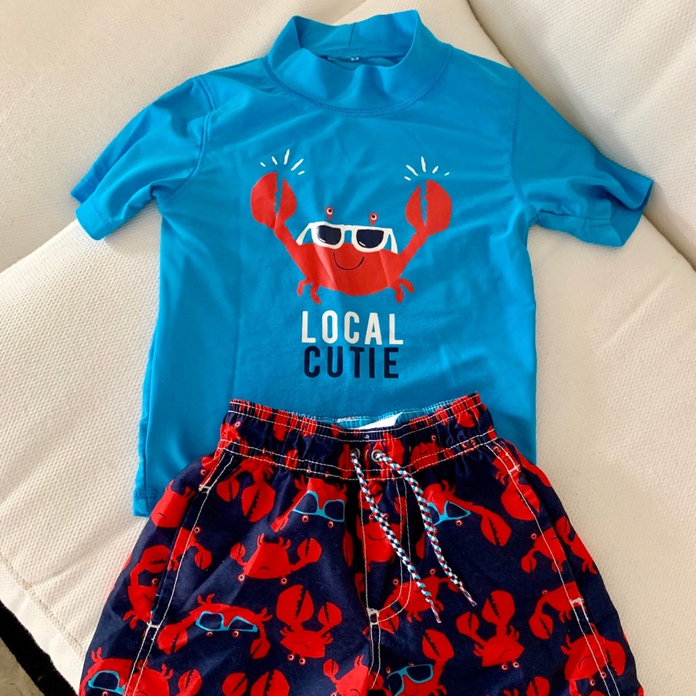 2T rash guard and trunks. Cute crab print